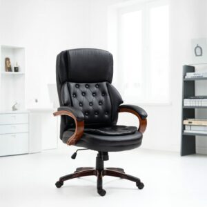 כיסא מנהלים מפואר בצבע שחור ידיות עץ מרופדות גב גבוה